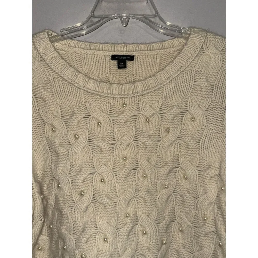 Ann Taylor Wool Angora Sweater Thick Cable Knit Ivory Pearl Rabbit Hair Size XL‎